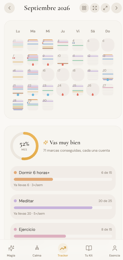 Pantalla real del calendario y progreso de hábitos