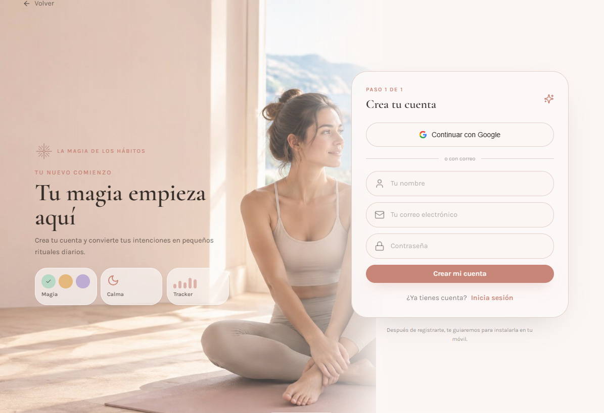 Pantalla real de registro de La magia de los hábitos: una mujer en ropa deportiva medita junto a la ficha para crear su cuenta