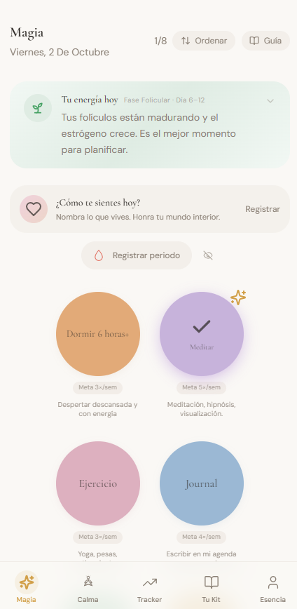 Pantalla de la app con energía, fase del ciclo y hábitos de hoy