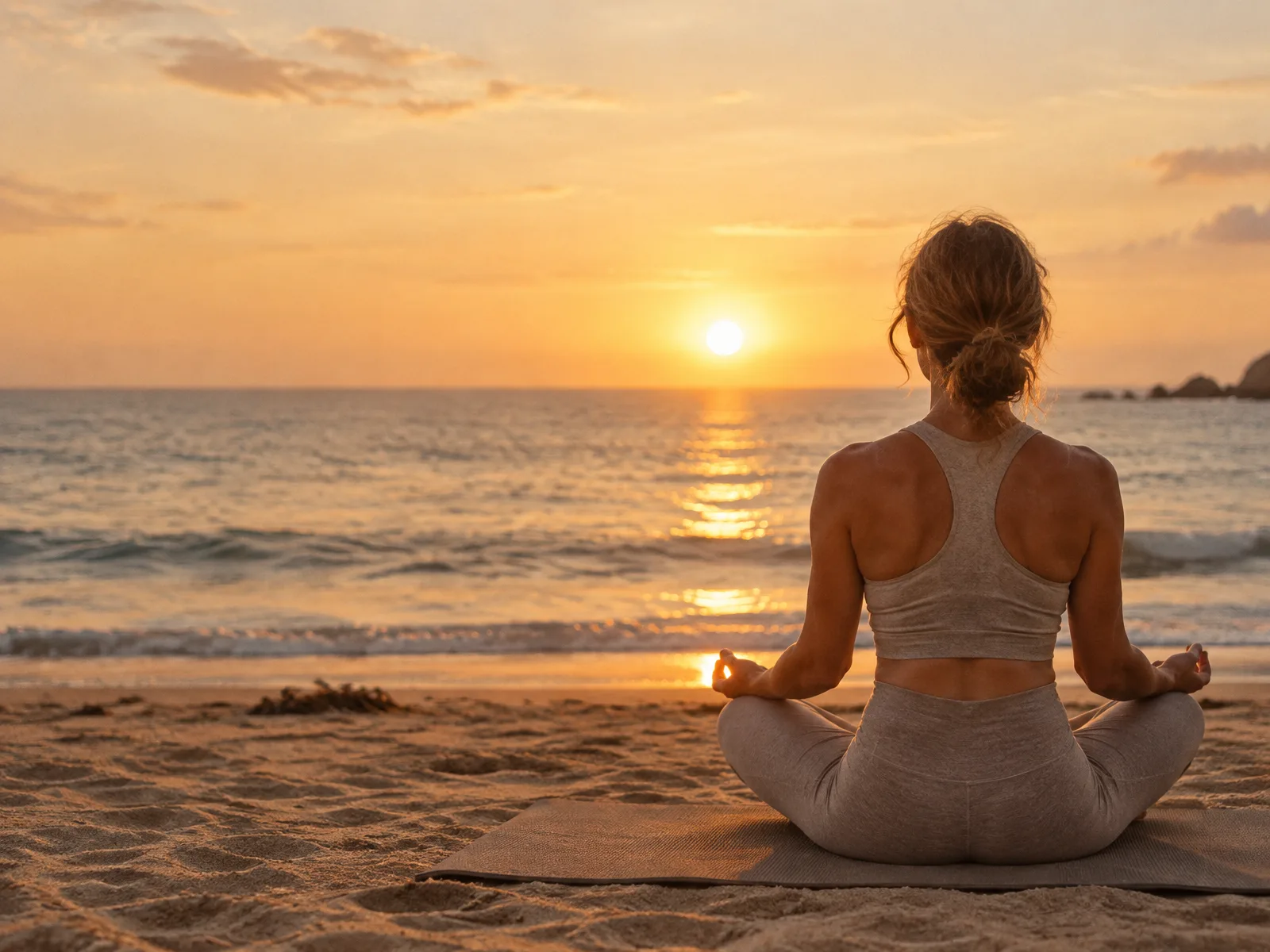 Mujer de espaldas practicando yoga frente al mar al atardecer